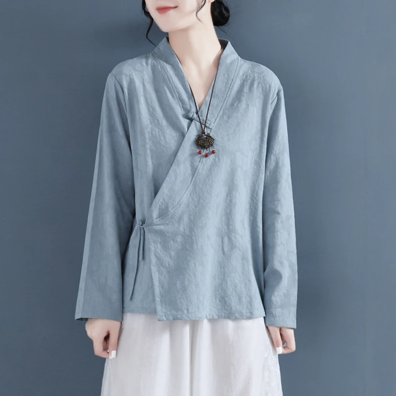 Summer Cotton and Linen Women's Shirt Cross V-Neck Long Sleeve Chinese Style Top Tea Clothing Hanfu Thin Loose Blouse