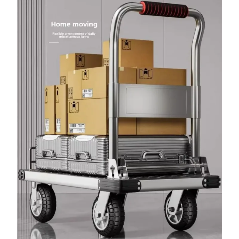 Reinforced folding flatbed handcart, high load-bearing silent tire safety guardrail, hand pulled luggage cart, hand pulled truck