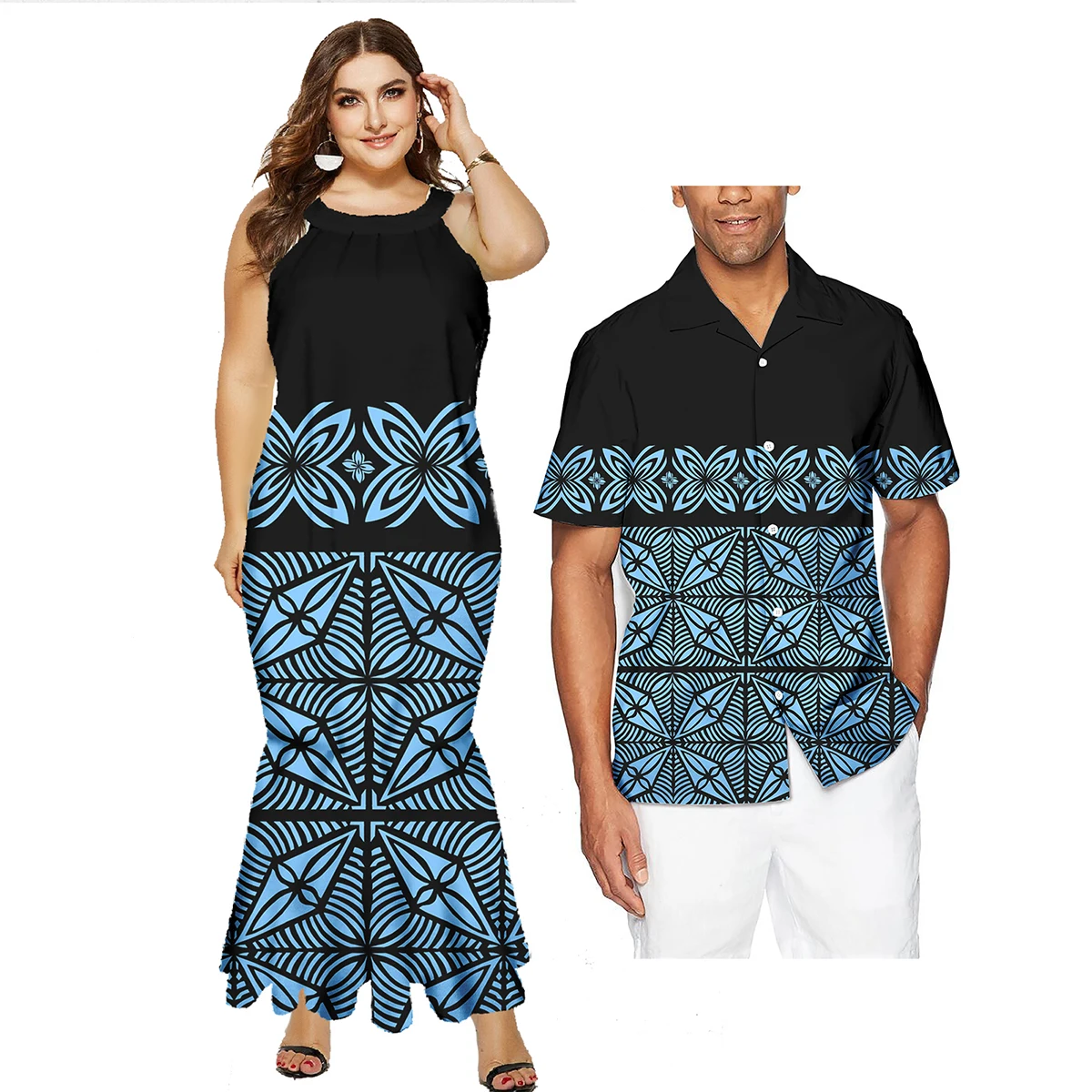 Low Price Custom Plus Size Couples Matching Outfits Polynesian Tribal Long Mermaid Dress And Mens Shirts His And Hers Clothes