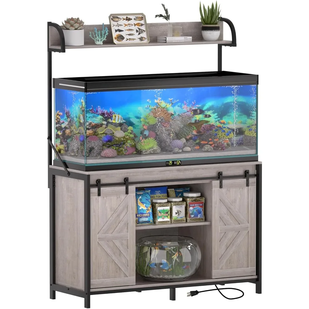 

55-75 Gallon Fish Tank Stand with Power Outlets, Heavy Duty Metal Frame Aquarium Stand with Barn Door, Turtle Reptile Terrariums