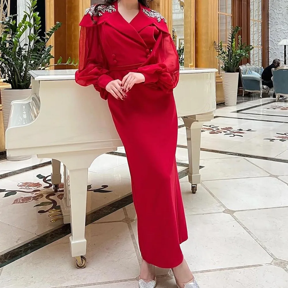 

Customized Straight Evening Dresses Ankle-length V-neck Full Sleeve Prom Gown Simple Fashion Crystal Button Casual Party Gown