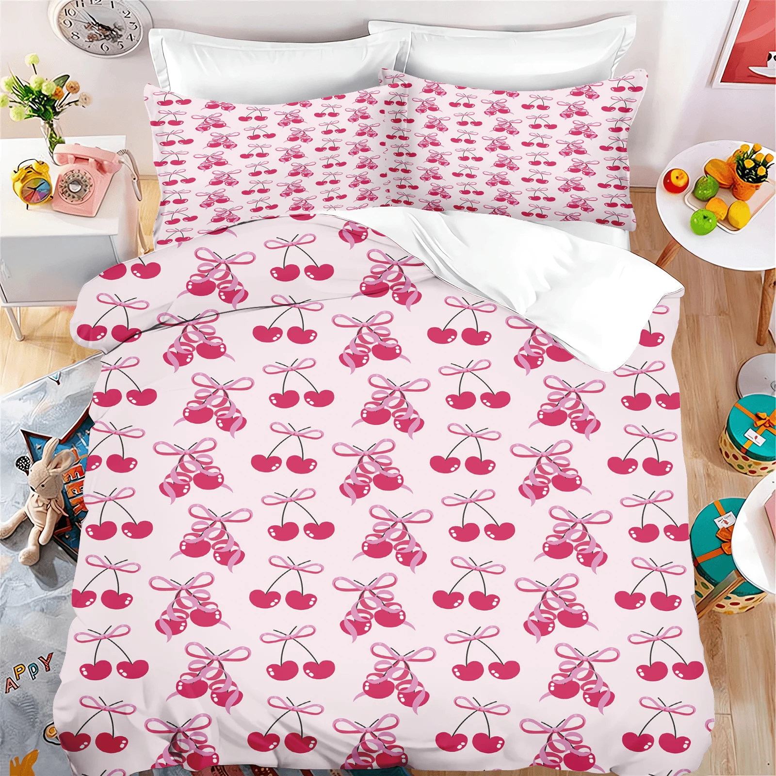 Duvet Cover Cherry print girls' Bedroom Bedding Set 100% Polyester Adult Kids Baby Bedroom Gift Anime Model 2/3pcs Bedding Set