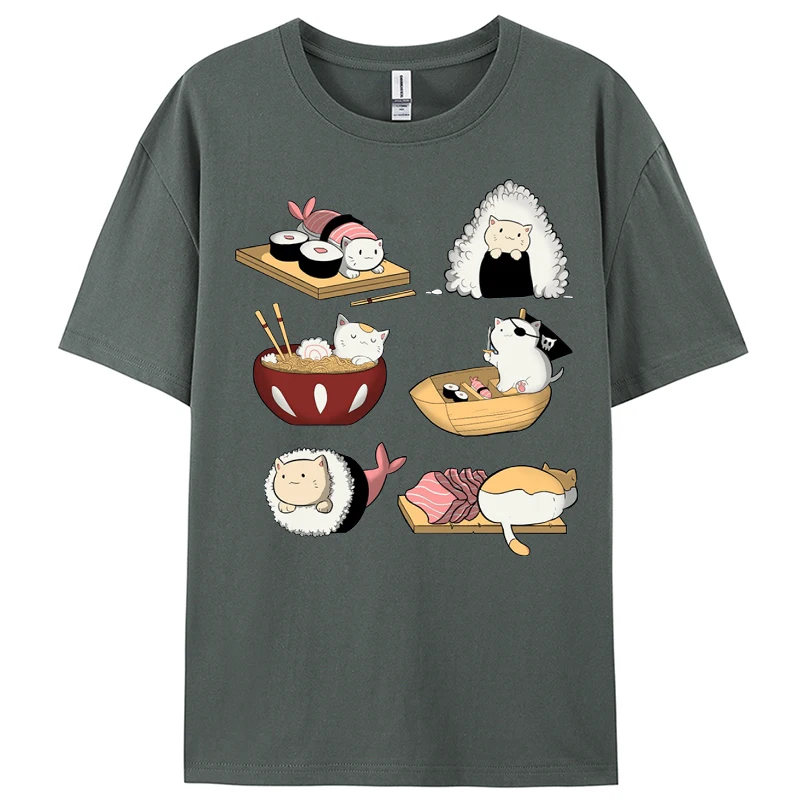 Camisetas transpirables con estampado de gatos de Sushi Kawaii para hombre, ropa informal de algodón con cuello redondo, ropa informal que combina con todo, camiseta de Hip Hop de verano