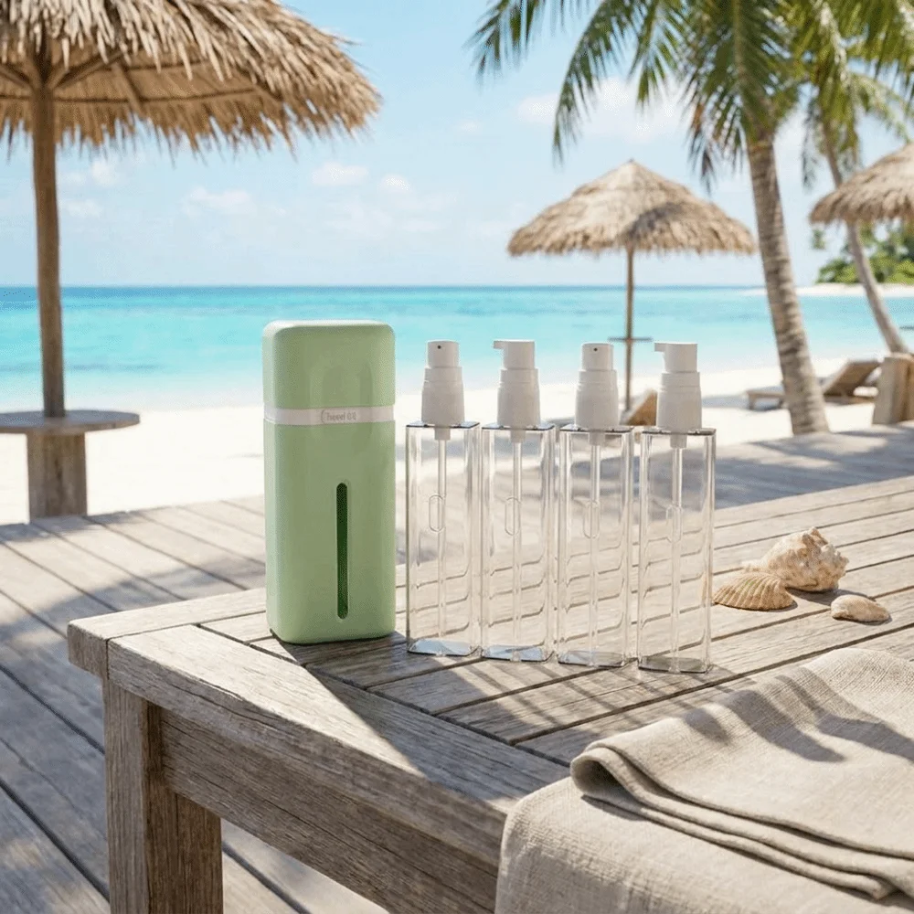 4-in-1 Reise-Nachfüllflaschen, wiederverwendbare, auslaufsichere Lotions-Squeeze-Flaschen, abnehmbar, platzsparend, geteilte Flasche für die Duschnutzung – Detail 12