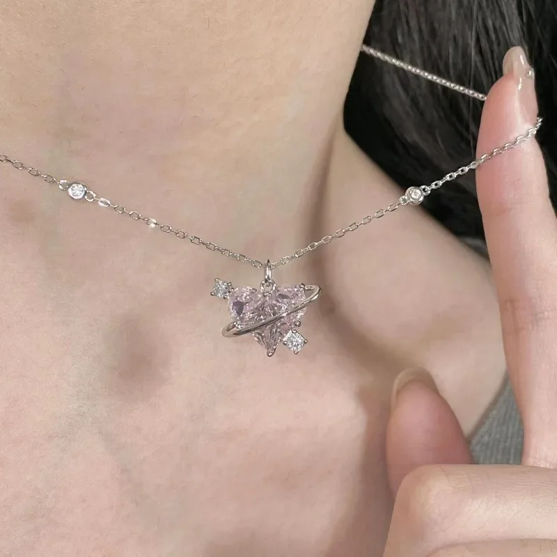 Fashion Punk Chain Necklace Y2k Crystal Pink Zircon Heart Pendant Necklace for Women Elegant Charm Clavicle Choker Jewelry Gifts