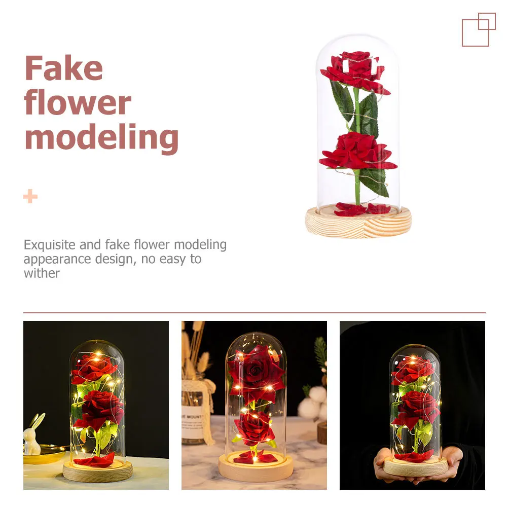 

Premium Artificial Rose Decor in Glass Cover Compact Elegant Fake Flower Adornment for Indoor Desktop Scene Romantic Night Light