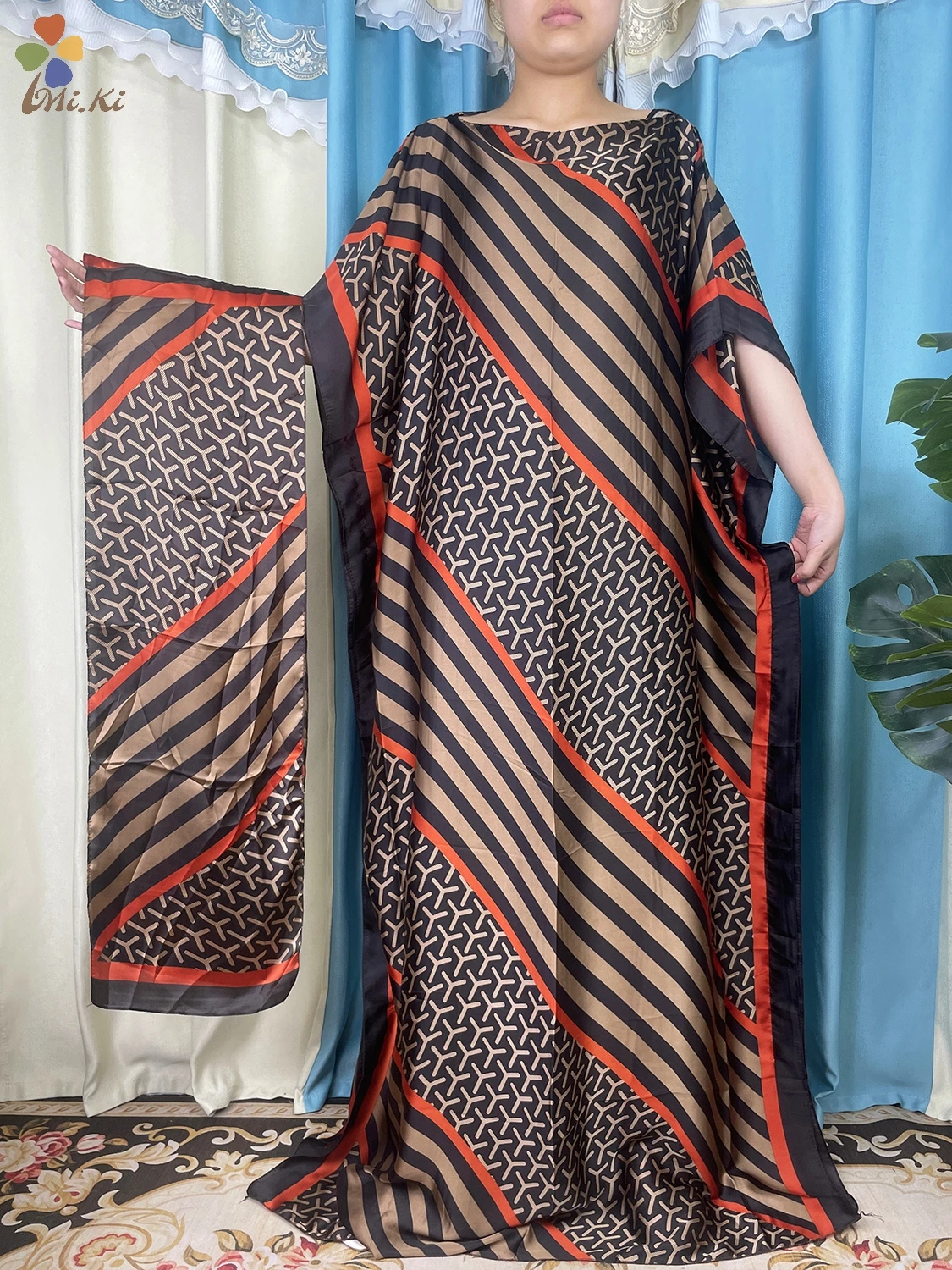 2024 Latest African Women Abaya Silk Dress Dubai Printed Soft Summer Loose Women\'s Robe Muslim Party Evening Dress with Headband