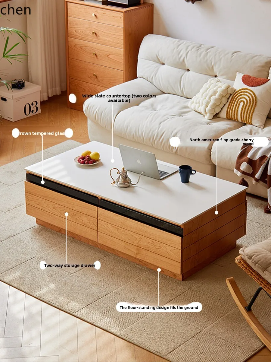 

HTT Living Room Solid Wood Floor Coffee Table Large Size Cherry Wood Household Rock Plate Table