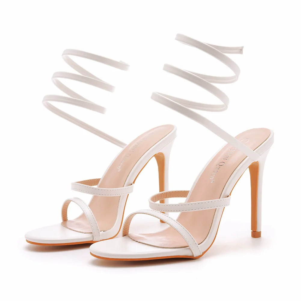 

Summer new round toe white PU one-word snake-shaped winding sexy sandals banquet large size thin high-heeled women's shoes