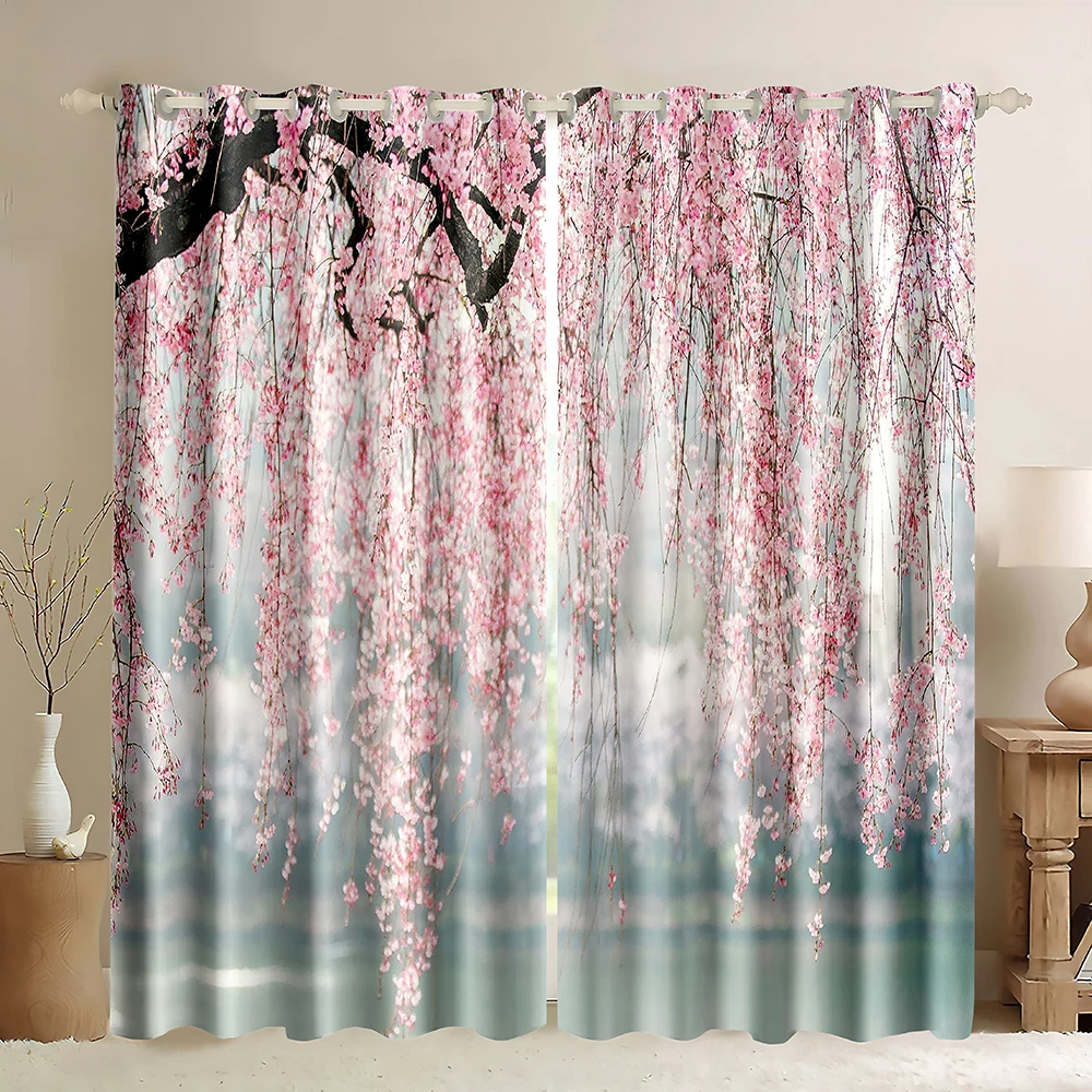 Cherry Blossom Windows Curtains,Japanese Curtains Mount Fuji Window Treatments Blue Sky Pink Flowers River Blackout Curtains