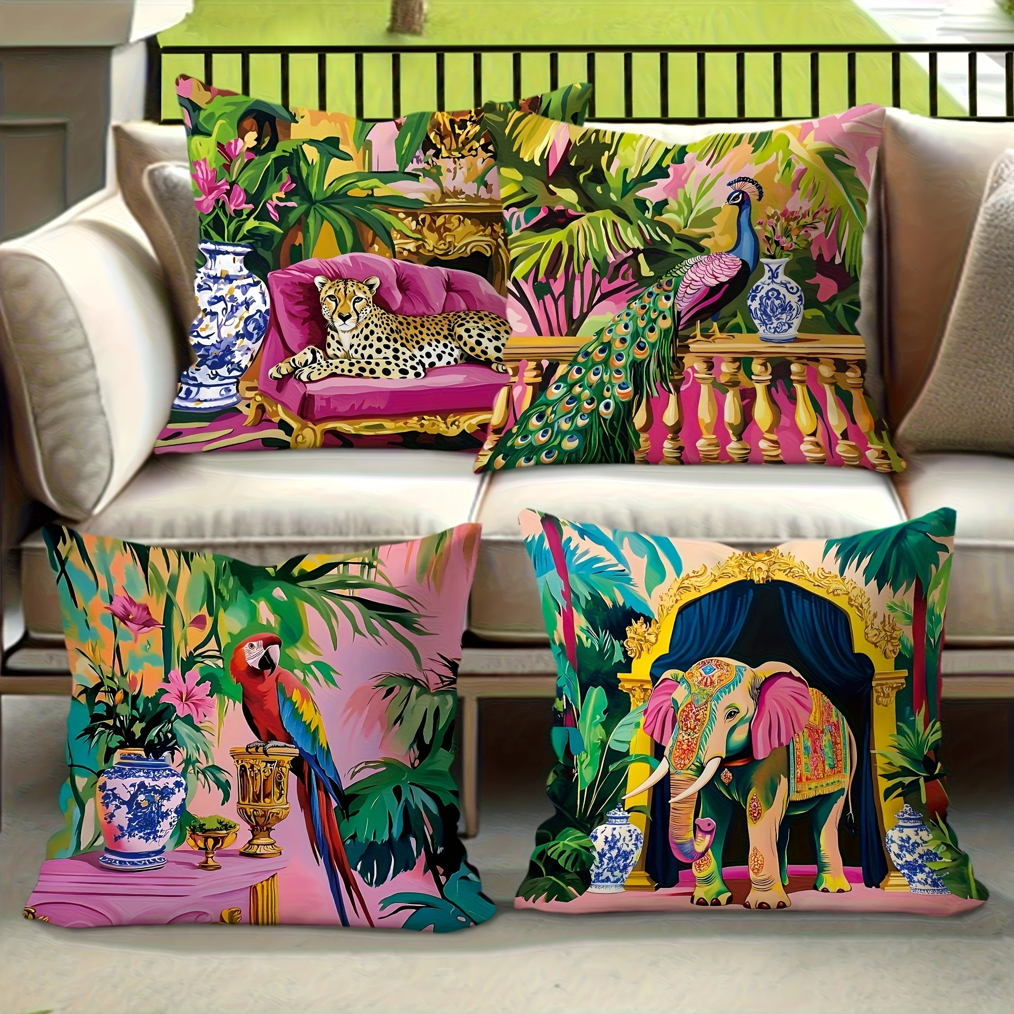 Vibrant Tropical Jungle Cushion Cover Set 4 Pieces Boho Safari Pillow Throw Pillows Decor Elephant Parrot Peacock Luxury Living
