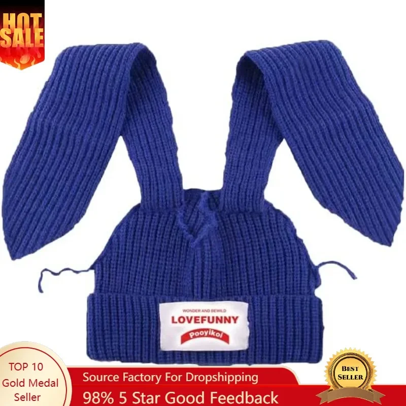 

Color Block Knit Beanie Hats Cute Bunny Long Ears Grunge Hat Fluffy Winter Cap Warm Knit Rabbit Crochet Hat