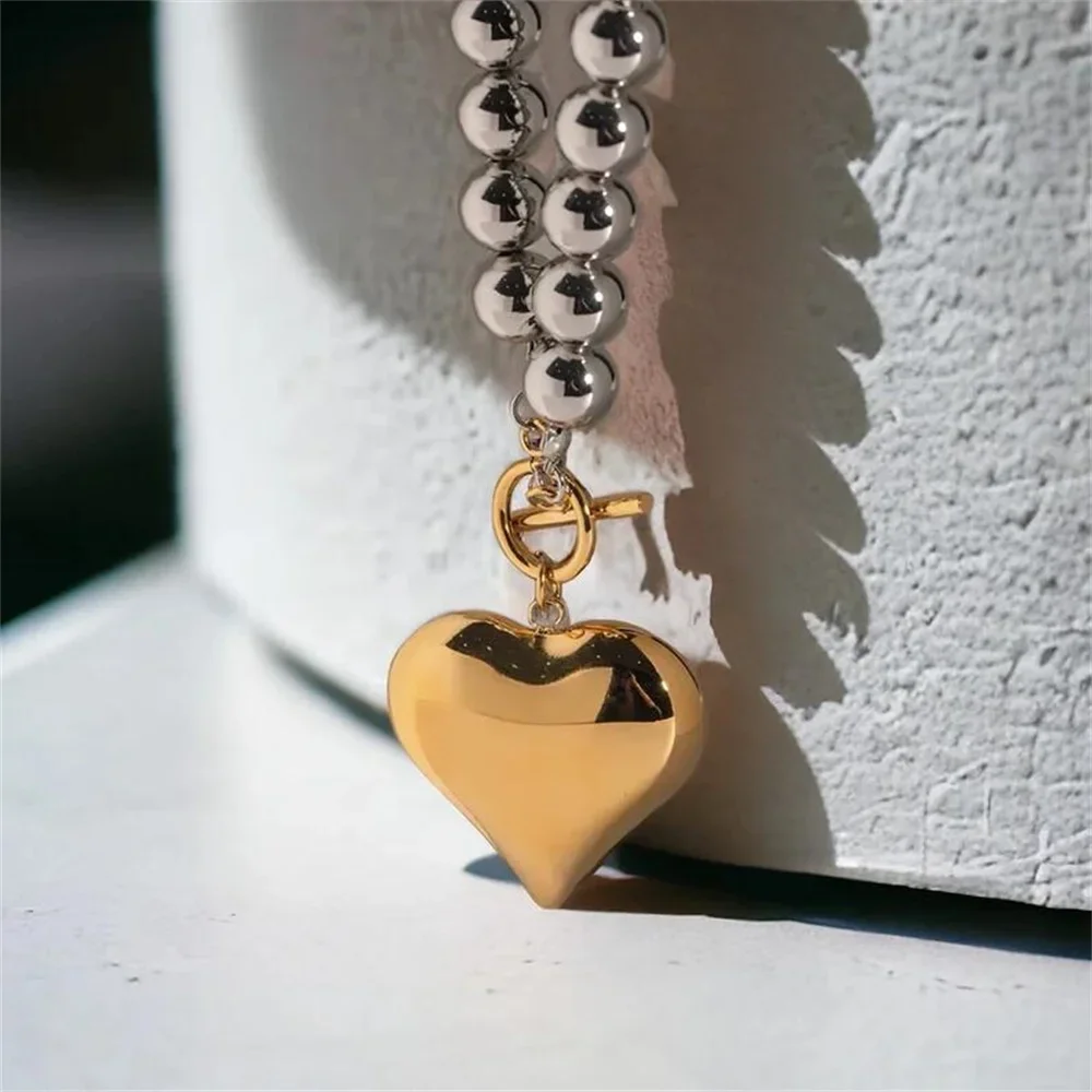 Vintage Punk Hip-Hop Silver Plated Metal Bead Thick Chain Necklace For Women Female Fashion Heart-shaped Pendant Jewelry Gift