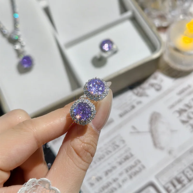 

Rose Cut Purple Spodumene Octagonal Zircon Full Diamond Necklace Pendant Light Luxury Open Ring Earrings