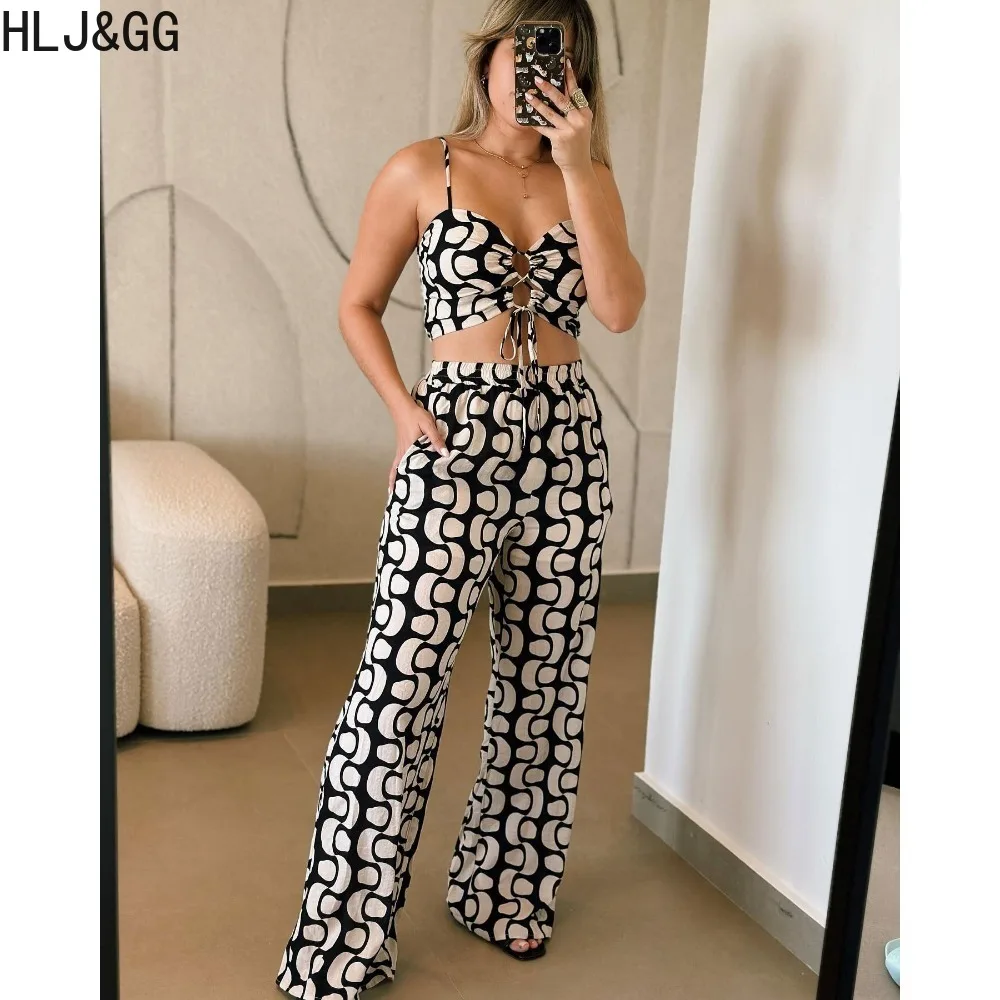 HLJ&GG Black Sexy Hollow Out Bandage Wide Leg Pants Two Piece Sets Women Thin Strap Sleeveless Crop Top And Pants Outfits 2024