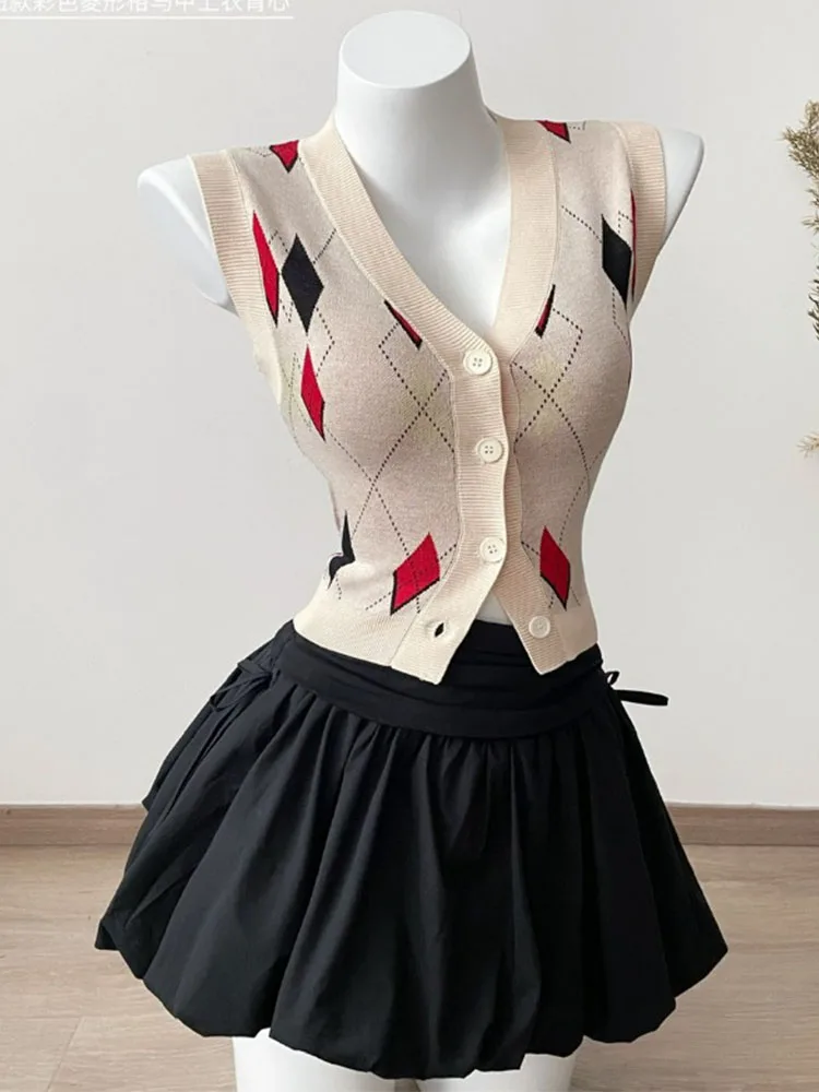 

American Retro Khaki Vest Off Shoulder Sleeveless Tank Top Spring Summer Women Vintage Sexy Geometric Tank Tops Harajuku Fashion