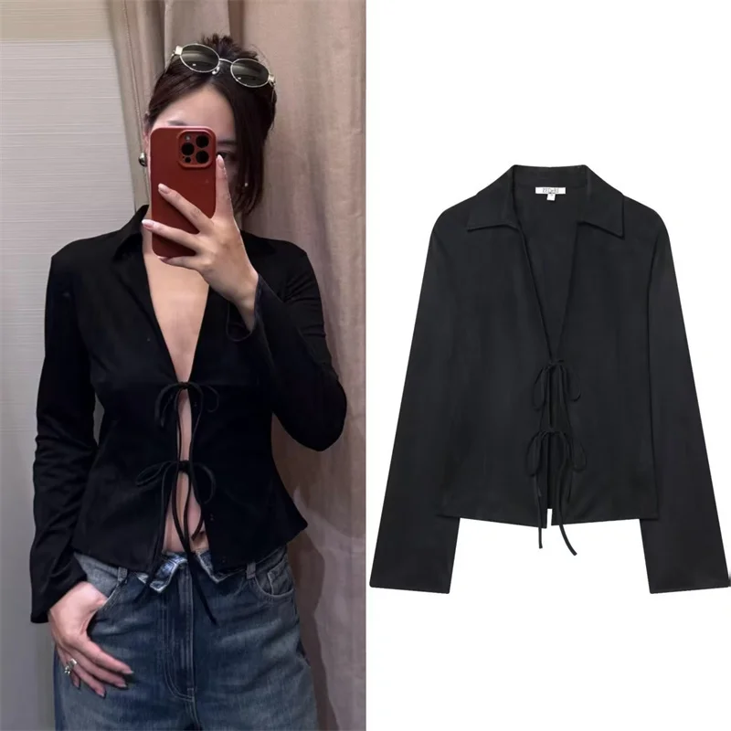 

Women's Shirt New Velvet Effect Bow Tie Blouse Autumn Simple Sexy Fashion Design Women's Button-Up Shirt