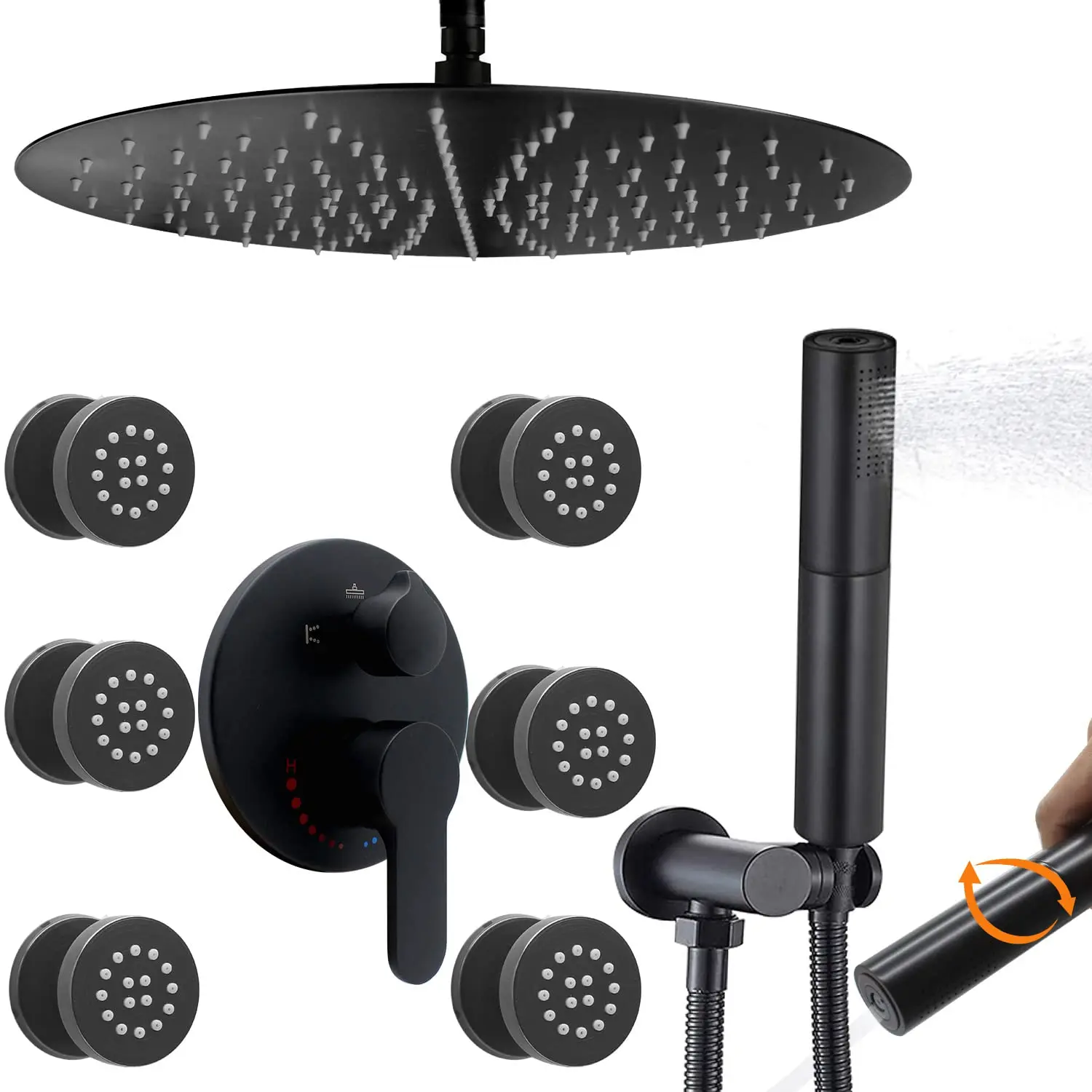 Black 16 Inch round top shower wall mounted Rainfall shower system set Complete with round hand shower