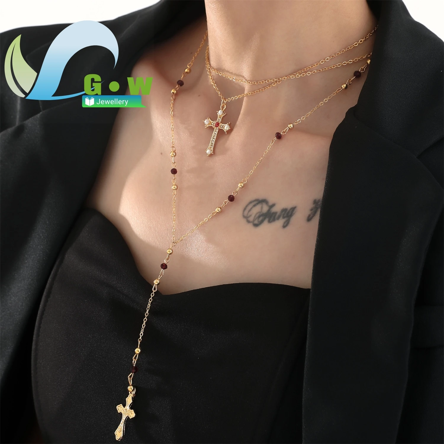 

Набор из 3-х многослойных минималистичных украшений в европейском стиле: праздничный кулон-крестик с кисточкой и длинное ожерелье для женщин, оптом