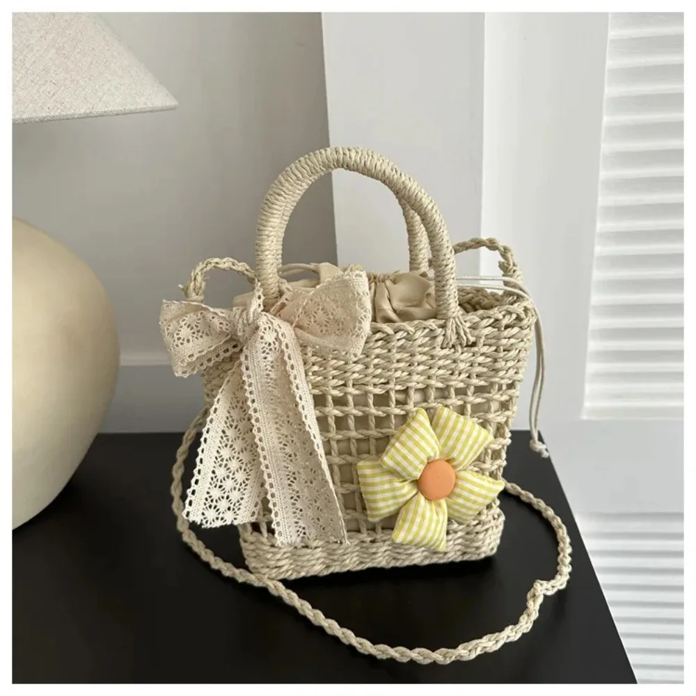 New Weave Lace Bow Handbag Dacron Square Shape Straw Weave Bag Small Bucket Tote Bag