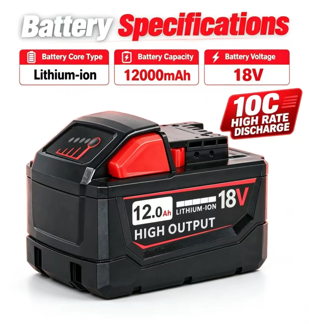 12.0Ah M18 18V Replacement Battery for Milwaukee, 10C High Discharge Li-ion Power Tool Battery Pack, Replace 48-11-1850 48-11-1890 48-11-1860 48-11-1812 48-11-1862 48-11-1880