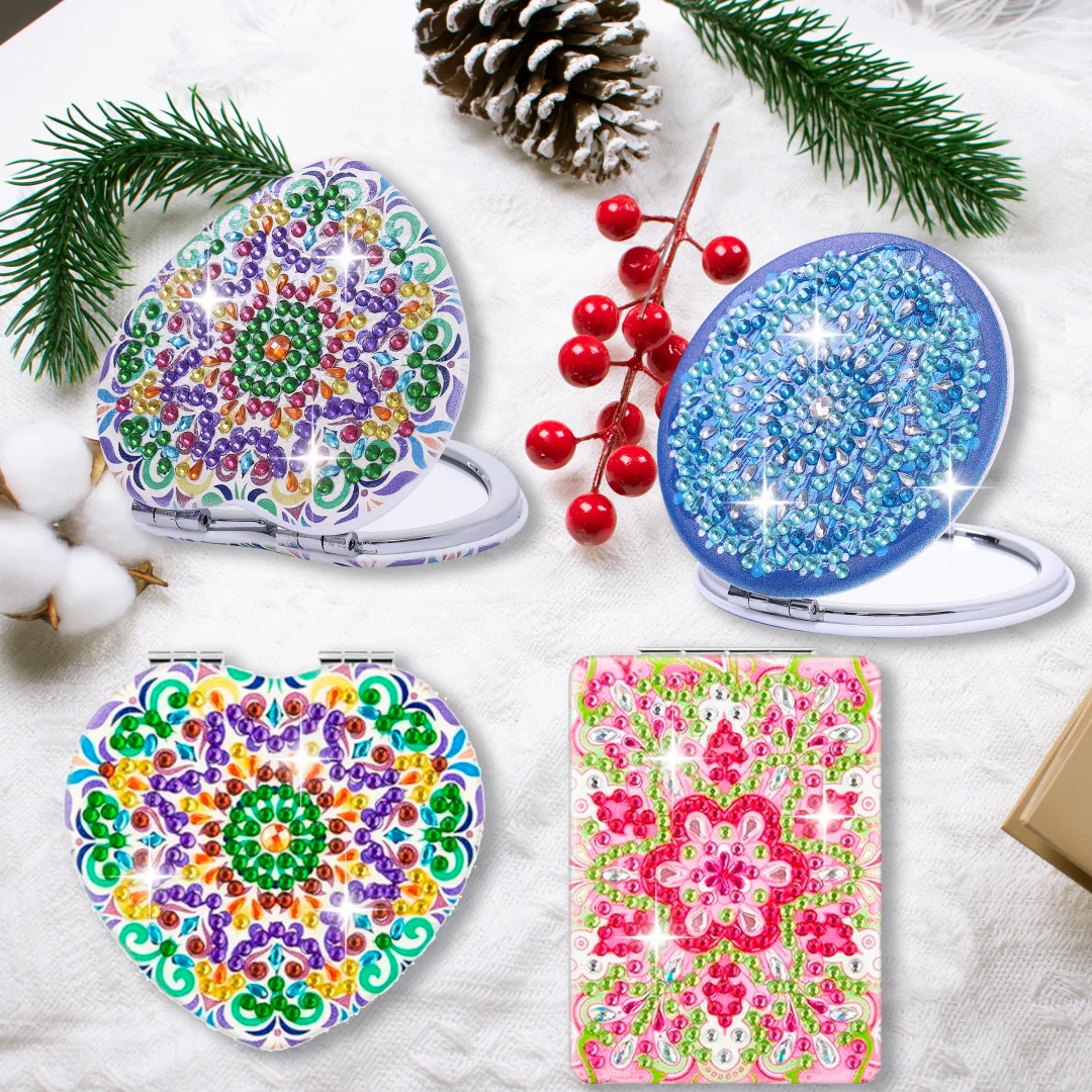 1 موضوع ماندالا للرسم الماسي DIY، مرآة صغيرة قابلة للطي مناسبة للسيدات للحمل بشكل مريح عند الخروج