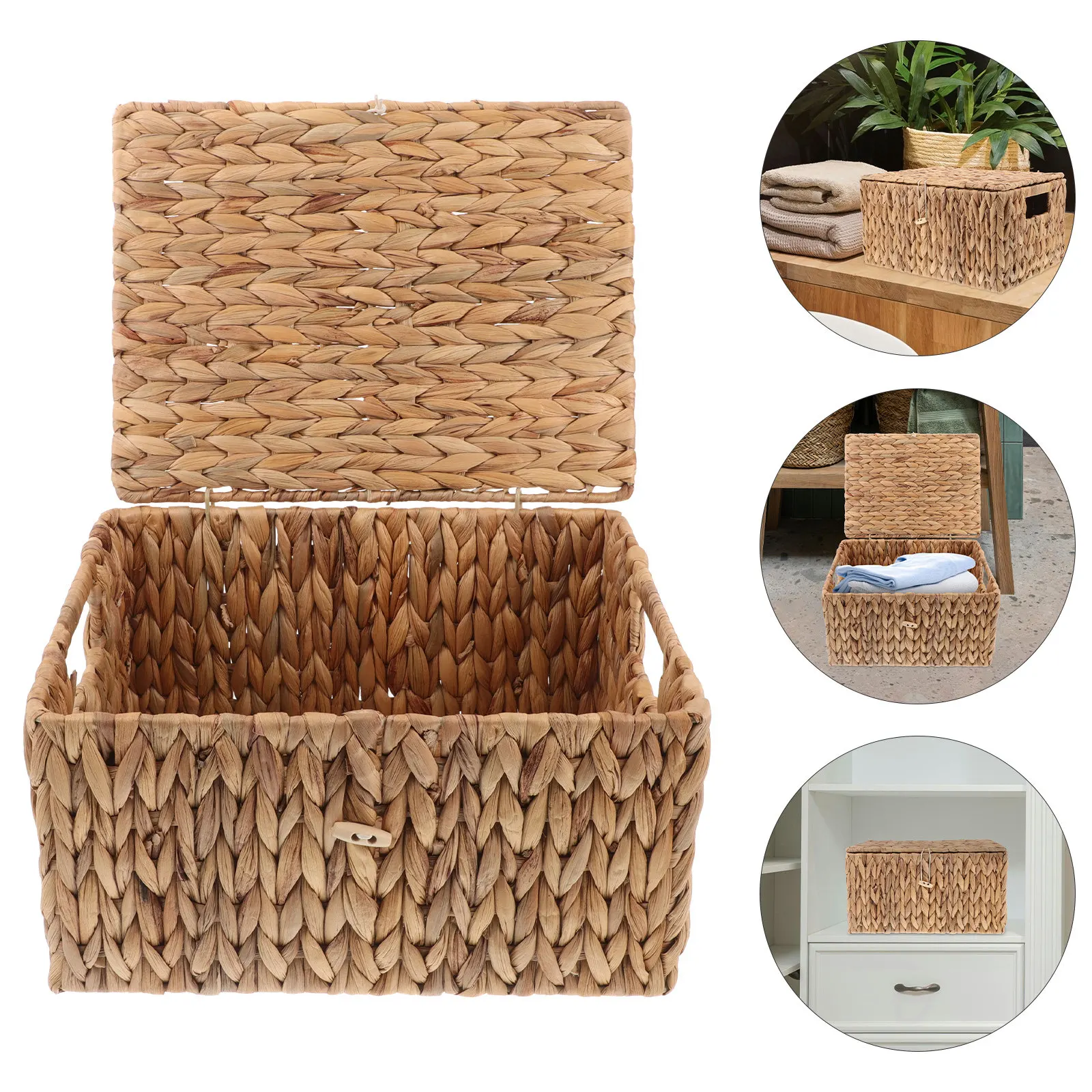 

Woven Storage Basket Set Rectangular with Lid Multi Functional Organizer for Blankets Books Clothes Cosmetics in Living Room