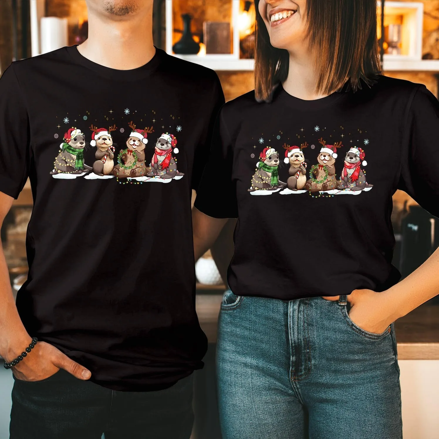 Merry Christmas Otters T-Shirt Otter Lover Sea Animal Xmas Holiday Cotton Retro Street Fashion Tee Short Sleeve O-neck Design