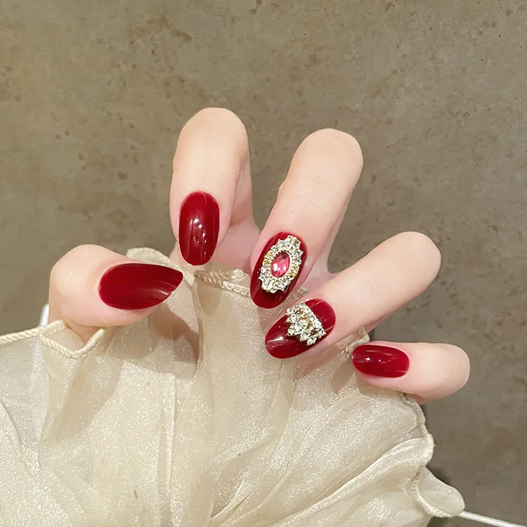 

24pcs Autumn Winter Wine Red Gemstone Press On Nails, Luxury Skin Brightening Retro Removable False Nail Tips, Elegant Bridal Manicure Patches For Wedding Dating Holiday Party Women