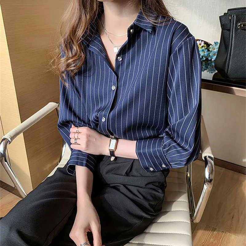 GIDYQ Women Striped Shirts Spring Korean All Match Female Loose Long Sleeve Blouse Y2K Fashion Elegant Office Ladies Tops New