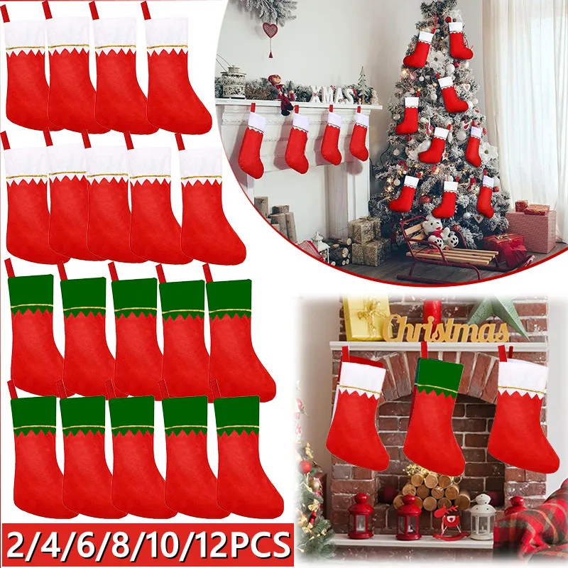 2024 Christmas Non-Woven White Green Gold Line Glossy Stockings  /Christmas Candy Gift Bags/ Christmas Tree Decoration