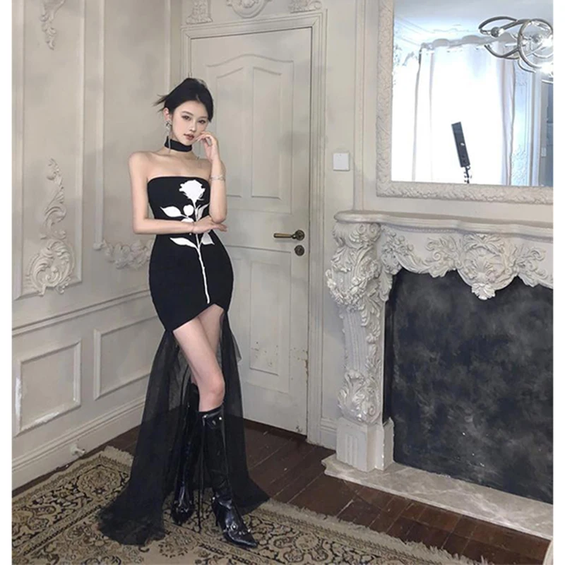 Y2K White Strapless Mini Dress Women Party Sexy Floral Print Mesh Patchwork Black Dresses Summer Gyaru Korean Bodycon Vestidos