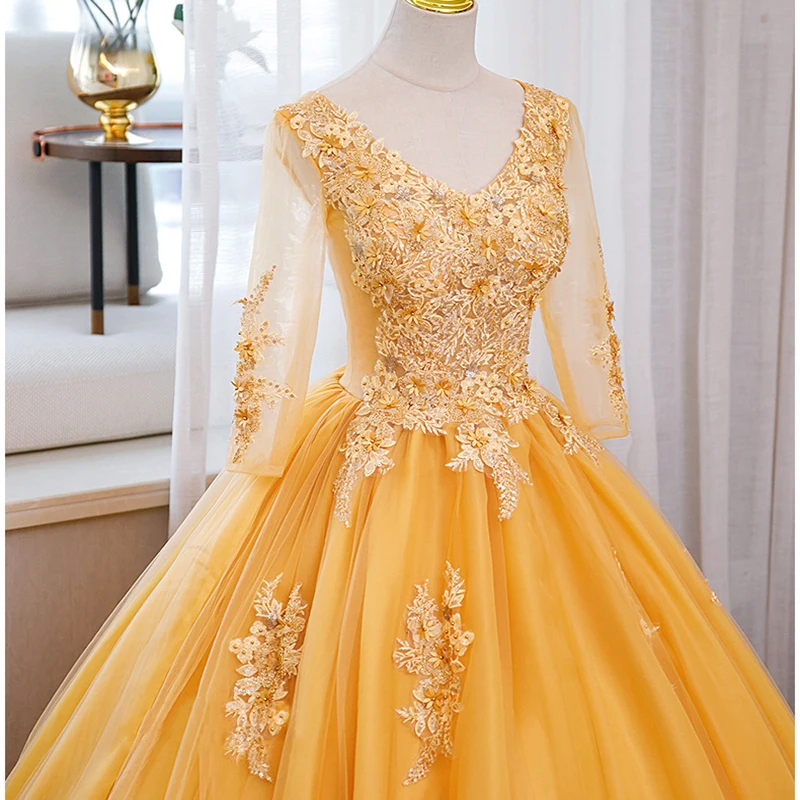 Yellow Quinceanera Dresses With 3/4 Long Sleeve Lace Appliqued Beaded Vestido De 15 Anos Birthday Party Prom Dresses Ball Gowns