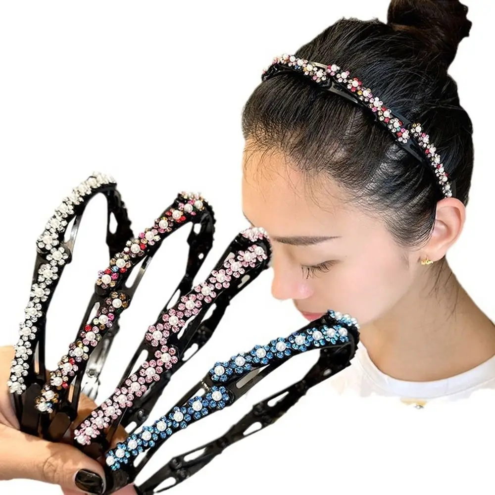 Sweet Foldable Rhinestone Headband Extendable Flower Pearl Hair Band Hair Clip Korean Style Headwear Student