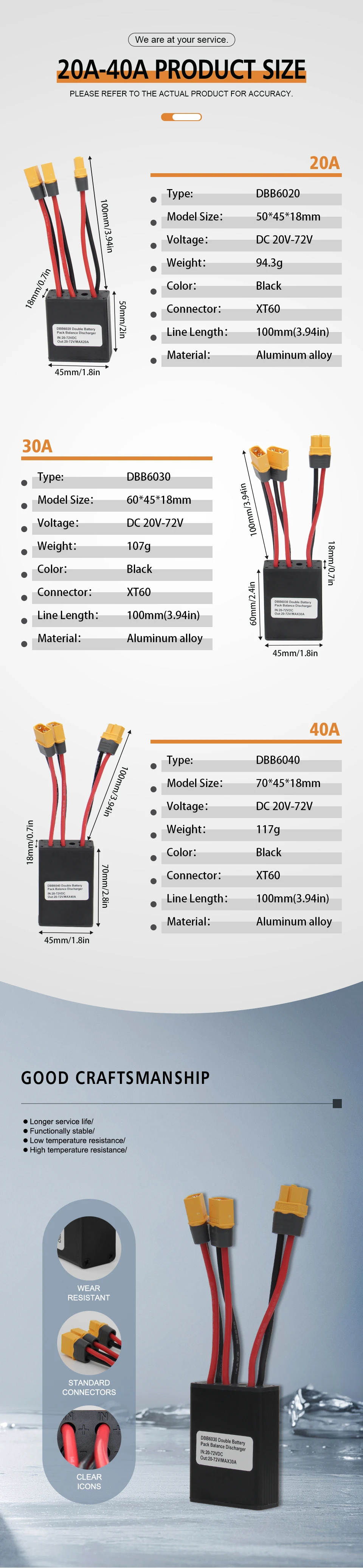 10V-100V 20A-40A 20V-100V 20A-120A XT60/XT90 Stecker Doppel-Akku-Entladekonverter mit Ladekopf Parallelmodul-Adapter – Detail 3