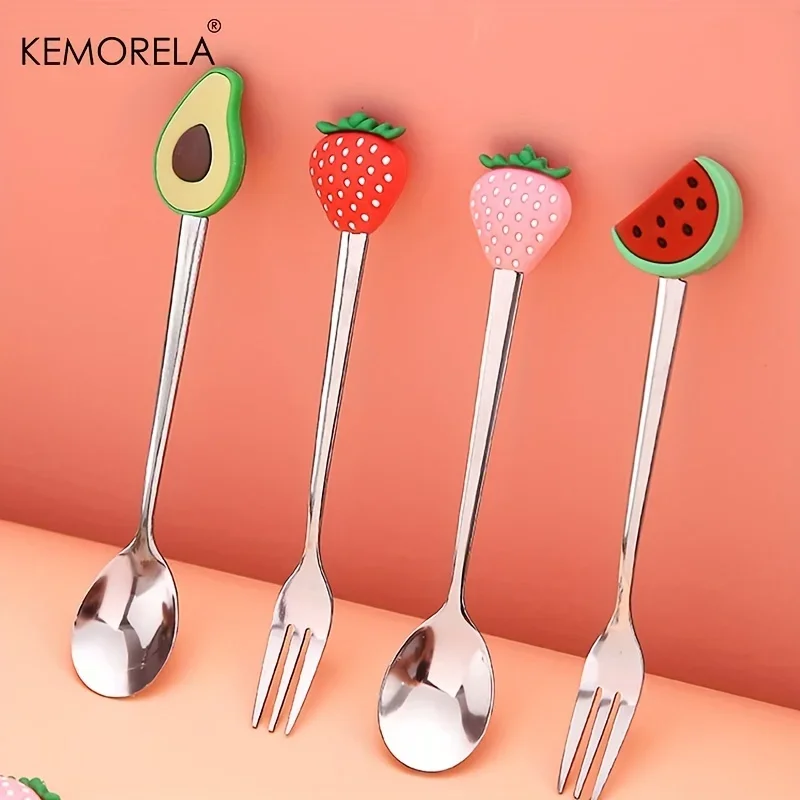 4PCS Creative Fruit Fork Set Stainless Steel Dessert Cake Fruit Series Strawberry Spoon Cartoon Shape Suitable For Gift Giving