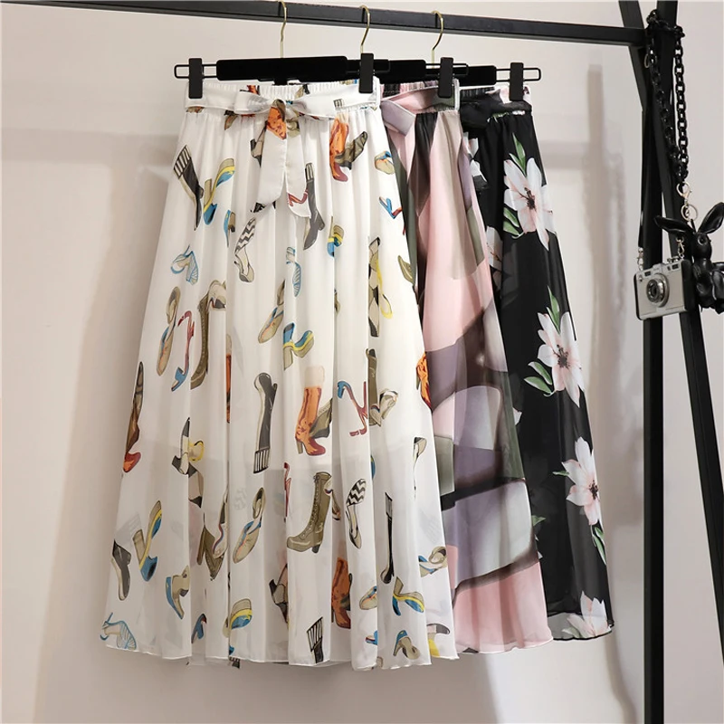 Elegante Dames Zomer Bloemen Chiffon Geplooide Rok Hight Kwaliteit A-Lijn Maxi Tule Lange Rokken