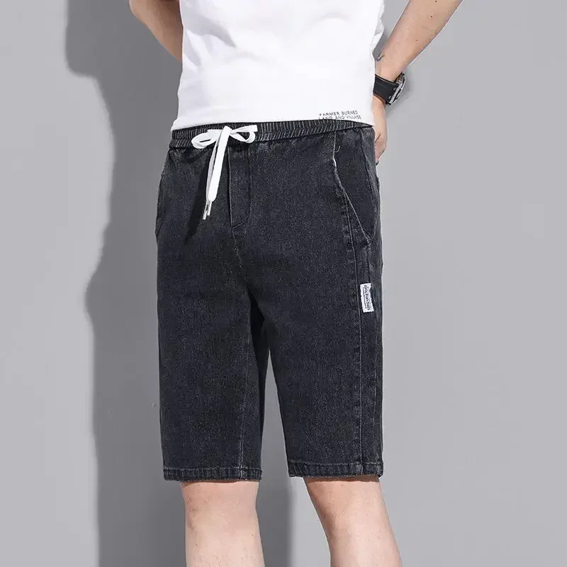

Male Denim Shorts Straight Drawstring Black Men's Short Jeans Pants Designer Trend 2024 Cowboy Jorts Original Buttons Cut Blue
