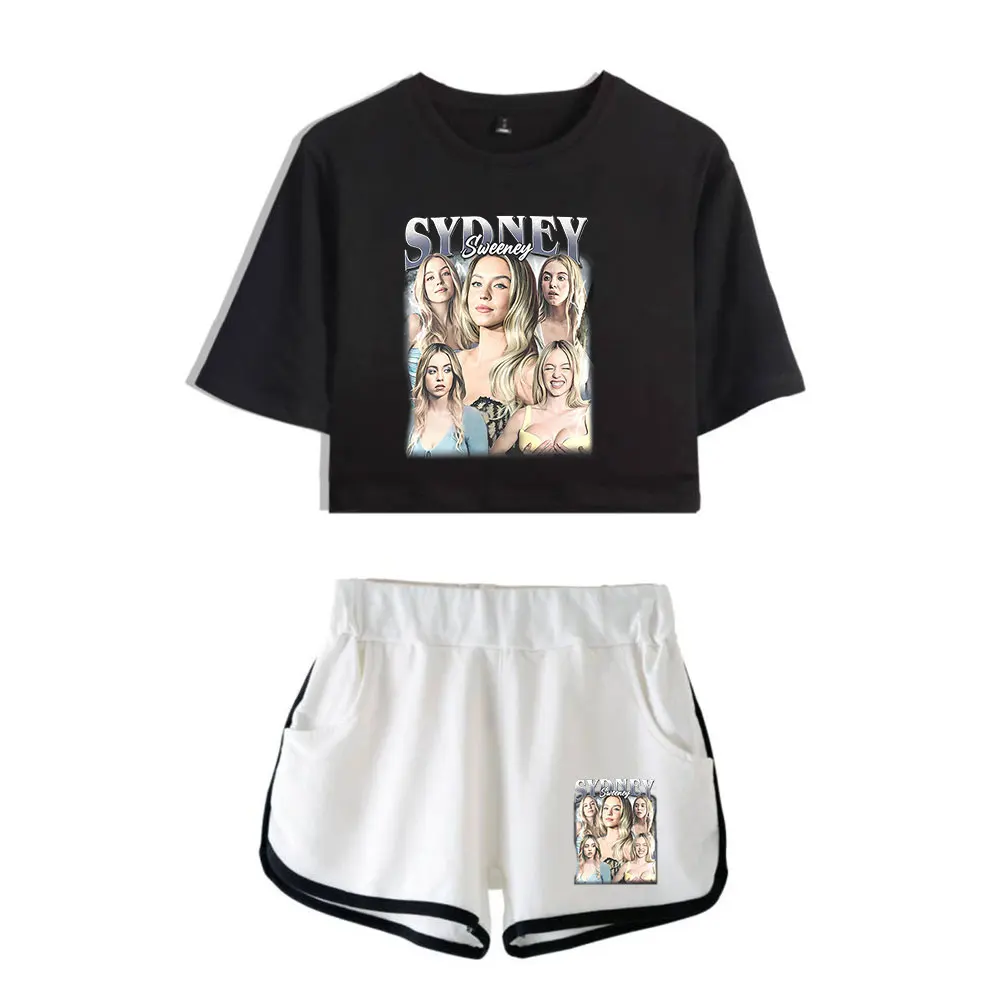 

Sydney Sweeney Suit Vintage 90s logo Merch Tops Harajuku Two Piece Set Shorts+Lovely TShirt Trendy Suit