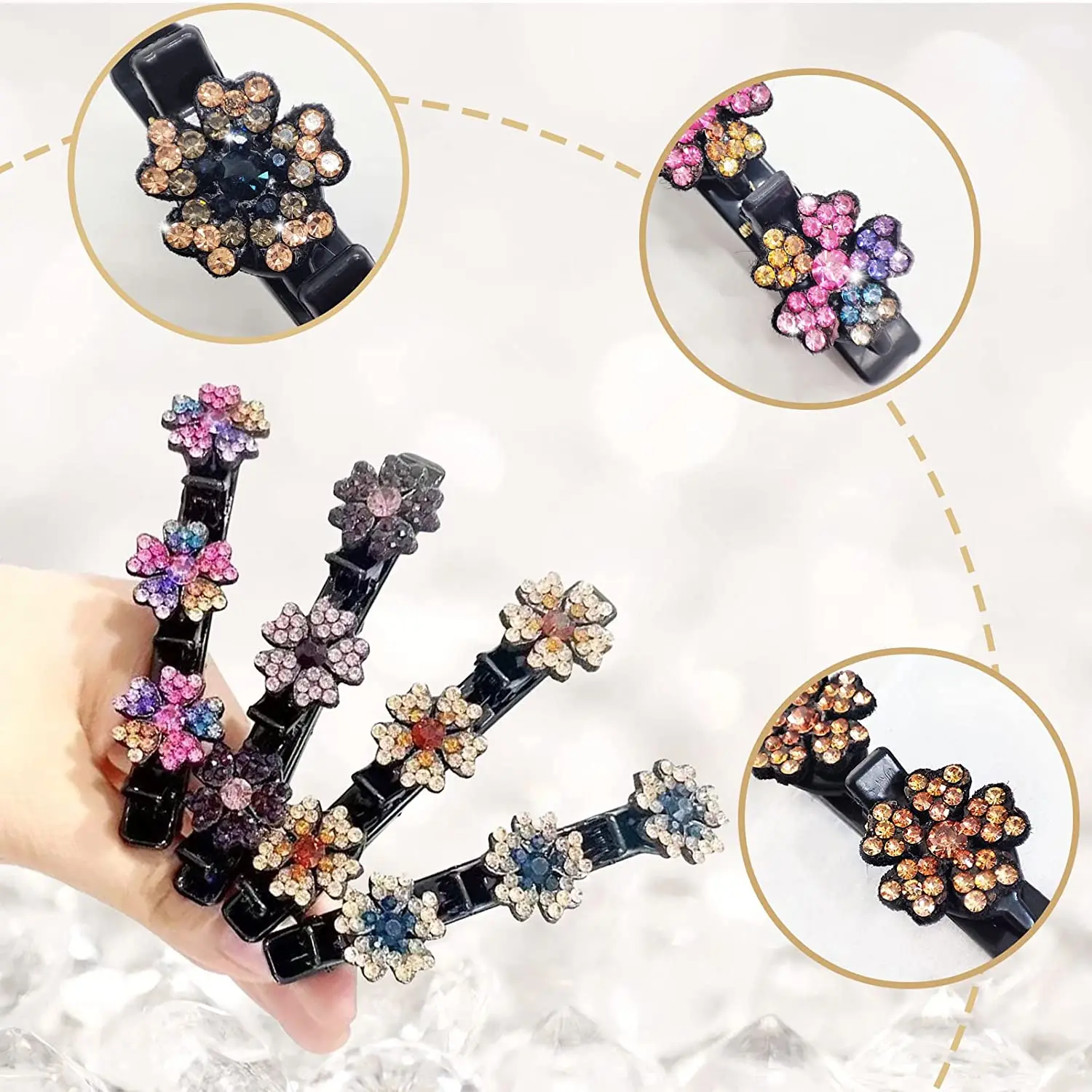 Sparkly Crystal Stone Flower Braided Hair Clips with 3 in 1 Clips Set Barrettes for Women Girls Ins Fashion Hair Styling Jewery