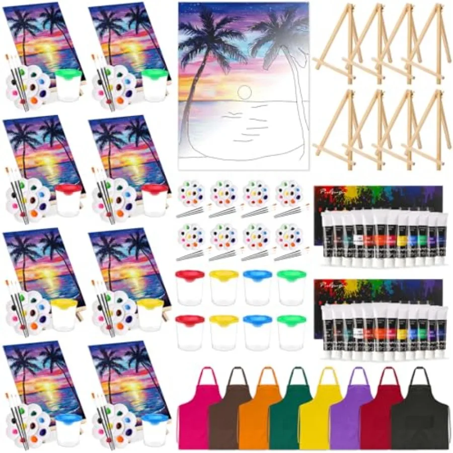 

8 Set Paint and Sip Kit for Adults 8'' x 10'' Pre Drawn Canvas with Wooden Easels Acrylic Paint Brushes Wash Cup Palette Apron