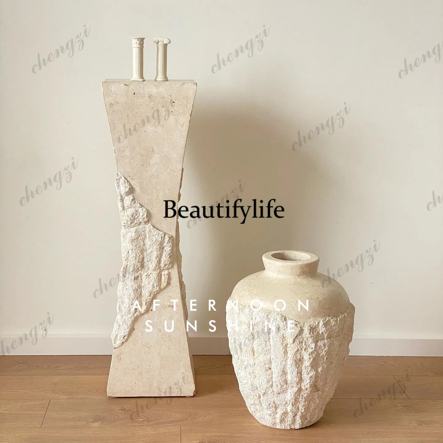 Nordic natural travertine tea table, several vase flowers by the entrance counter, dining table, TV cabinet