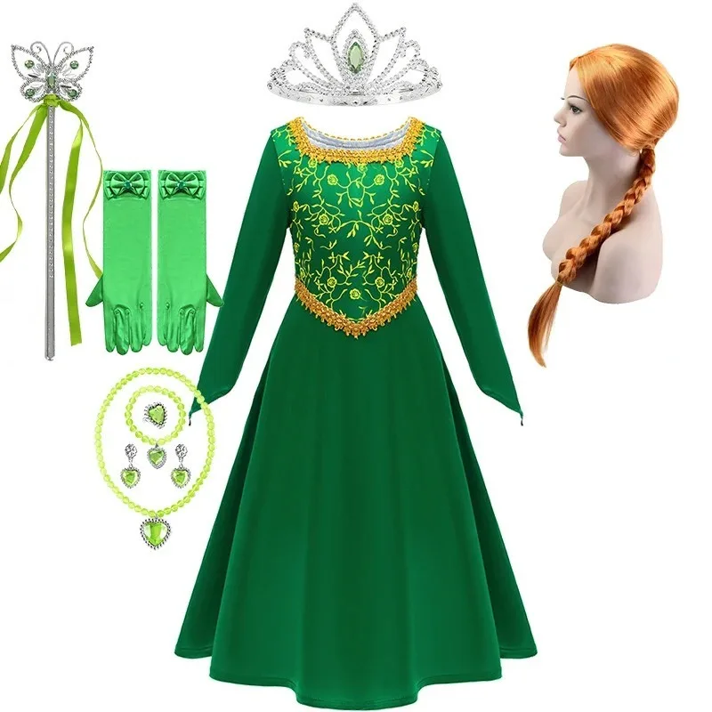 Fiona Green Princess Dress Halloween Fantasy Dress Up Costume Children Elegant Gown Kids Autumn Long Sleeve Lace Print Frocks