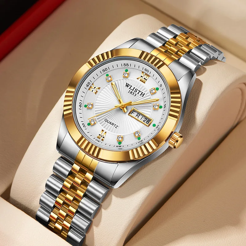 

WLISTH Couple Watch Set - Fashion Elegant Luminous Dual Calendar Solid Stainless Steel Quartz Wristwatch