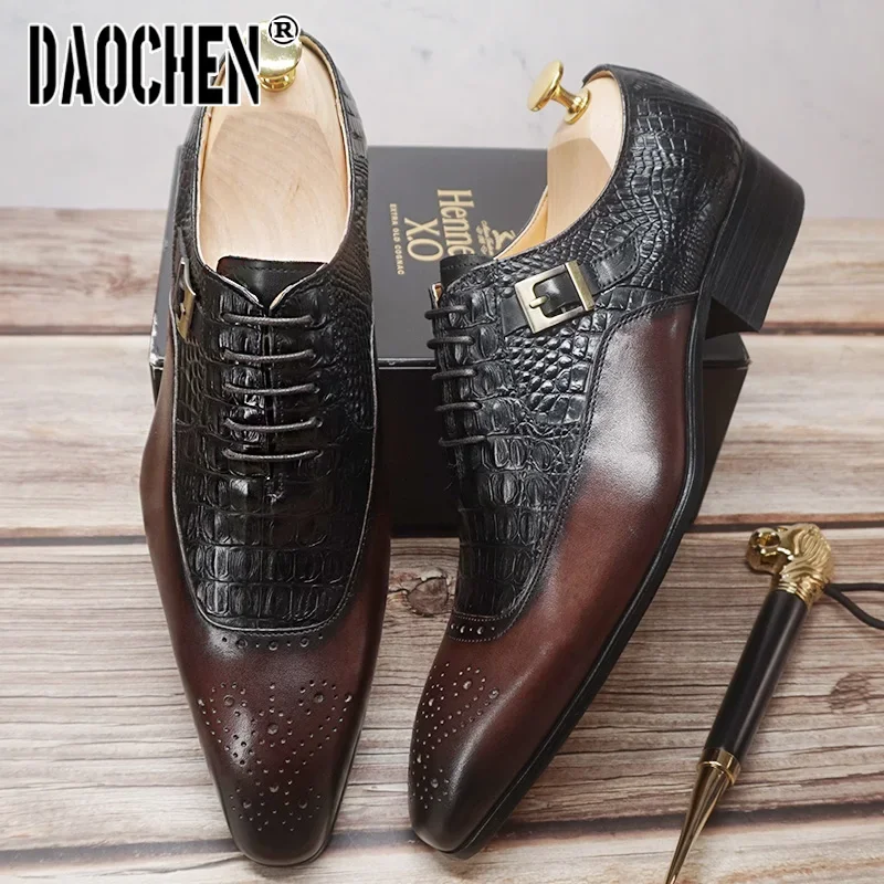 Luxury Brand Men Oxford Shoes Lace up Pointed Toe Brown Black Classic Men Dress Shoes Crocodile Print Leather Shoes Men