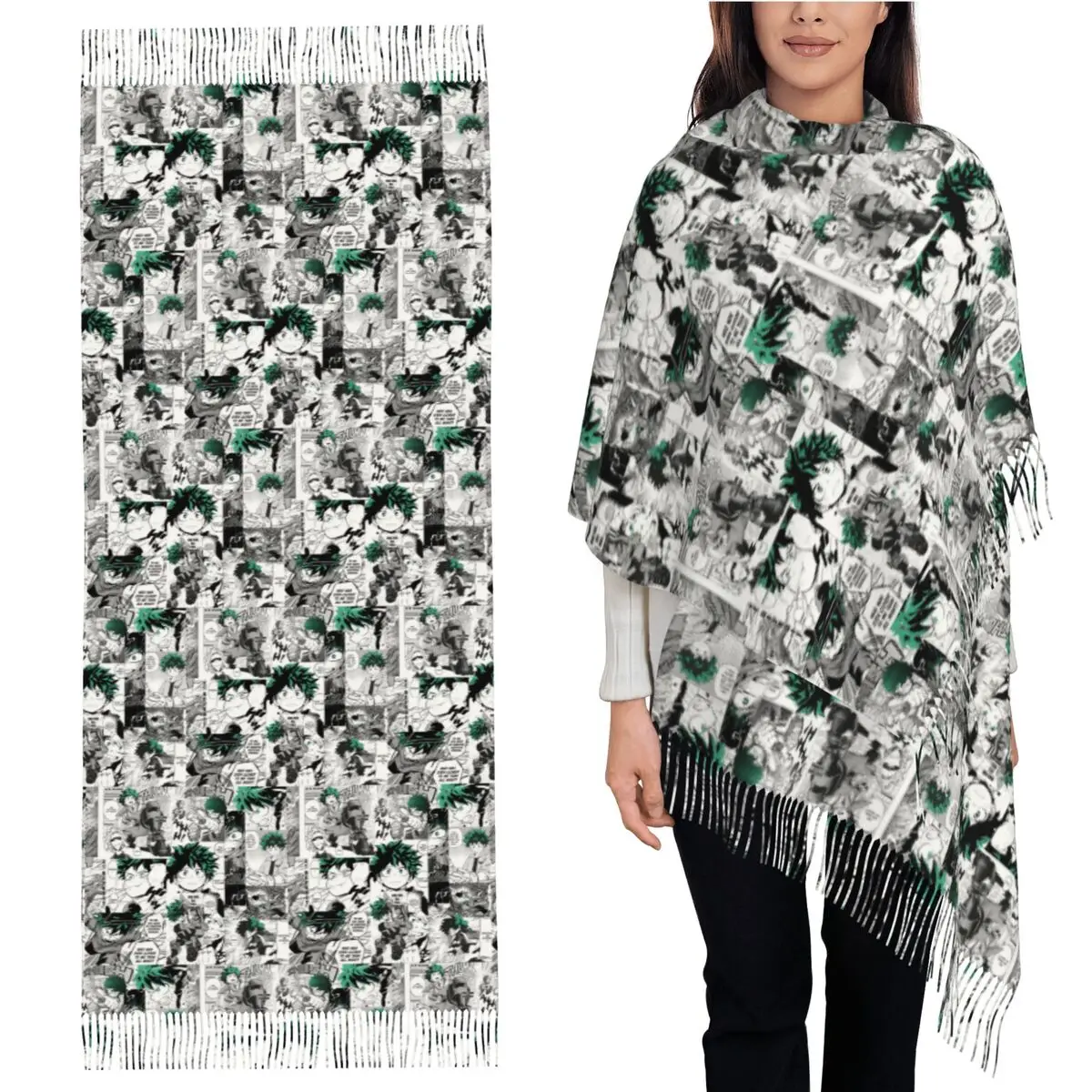 

My Hero Academia Deku Manga, шарф с коллажем, шарфы с кисточками, женские мягкие теплые шали и накидки, длинная осенне-зимняя шаль