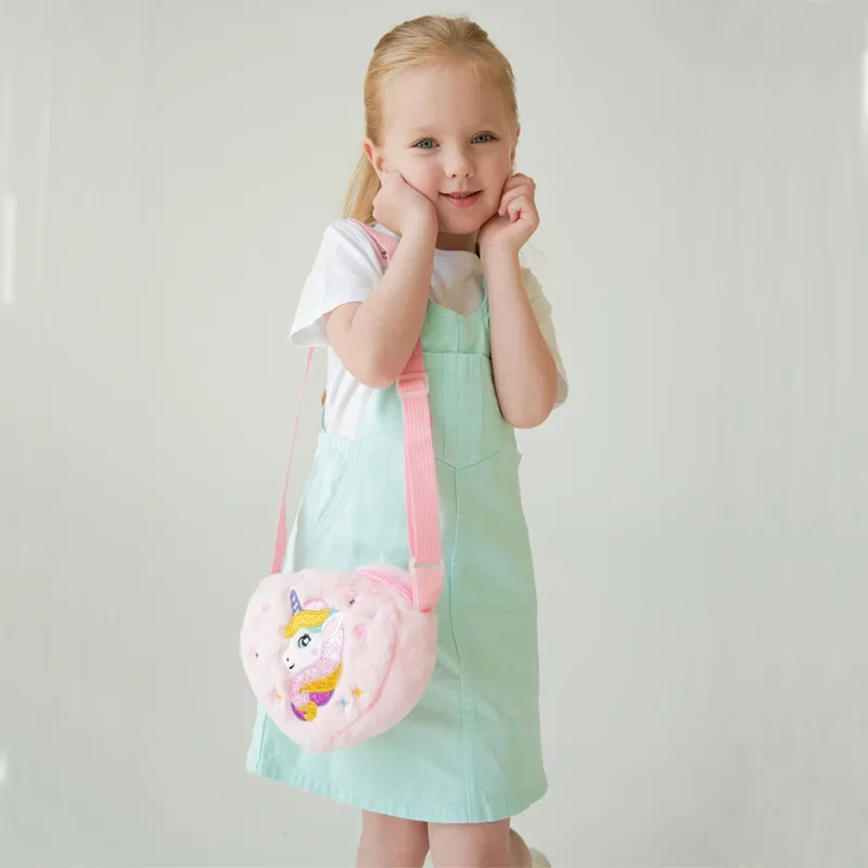 Children's Heart-shaped Unicorn Cartoon Shoulder Bag Plush Love Slant Bag Kindergarten Girls Light Cute Small Schoolbag