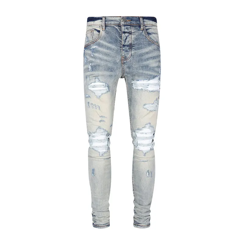 

Street Fashion Men Jeans Retro Washed Blue Stretch Skinny Fit White Patched Ripped Jeans Men Brand Designer Hip Hop Denim Pants