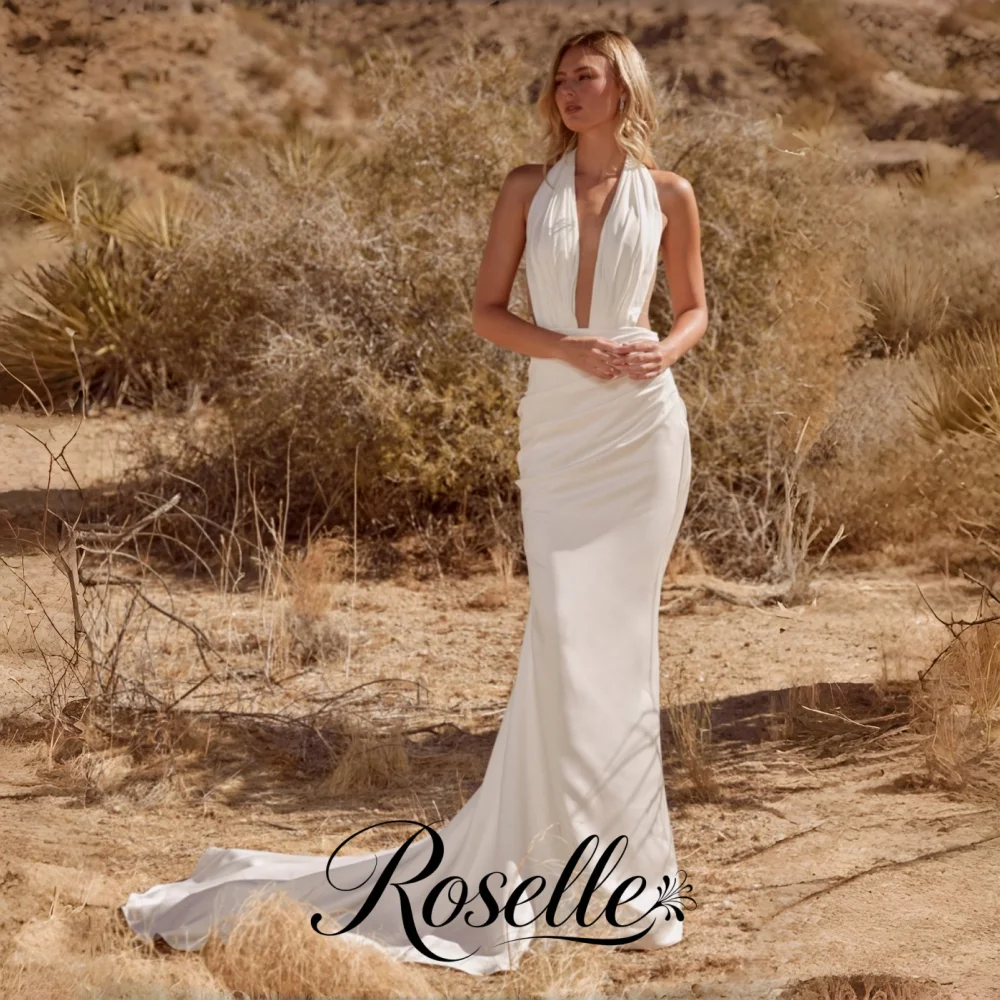 ROSELLE Halter Sleeveless V-Neck Mermaid Wedding Dress Open Back Simple Sweep Train 2026 Bridal Gown Customized свадебное платье