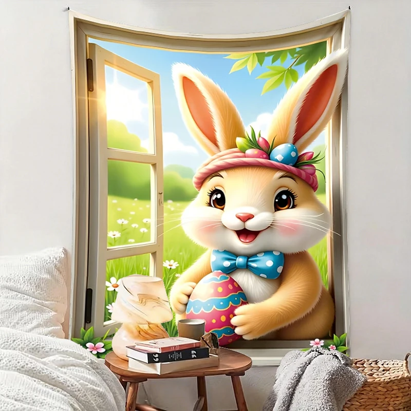1PC Easter Rabbit Window Art Print Backdrop Banner, Bedroom Living Room Photo Background, Polyester, Home Decor, Wall Art